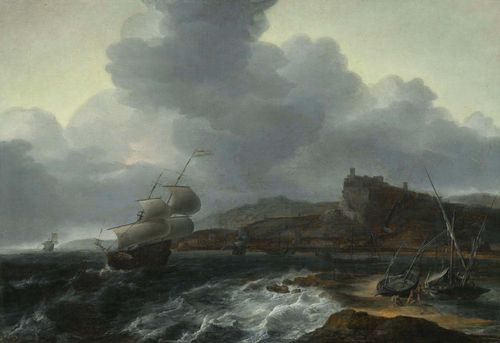 BLANKERHOFF, JAN THEUNISZ. (Alkmaar circa 1628 - before 1669 Amsterdam) Naval scene near the coast. Oil on canvas. 74.5 x 105.5 cm. Our thanks to Dr. Laurens Schoemaker of RKD, The Hague, who has confirmed the authenticity of this work on the basis of a photograph.
