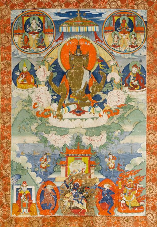 A LARGE THANGKA OF A FOUR-ARMED, THREE-HEADED BODHISATTVA. Mongolia/China, late 19th c., 87x57 cm. Brocade mount.