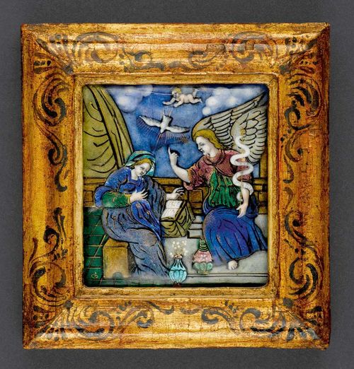 THE ANNUNCIATION, France , 19th century Inscribed lower left SAMSON. Polychrome painted enamel with gold. 5.5x5 cm. In a gilt shaped wooden frame. 8x8 cm.