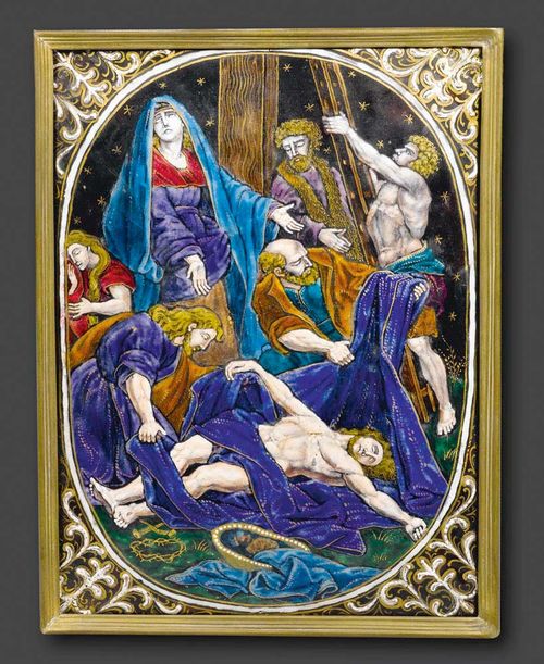 THE DEPOSITION, in the style of the 16th/17th centuries, France, 19th century. Inscribed verso P.R.I. DE LIMOGES (Pierre Reymond I). Polychrome enamel painting with gold. With an oval reserve and the corners with tendrils in relief. 23x17 cm. In a later brass frame. 24x18 cm.