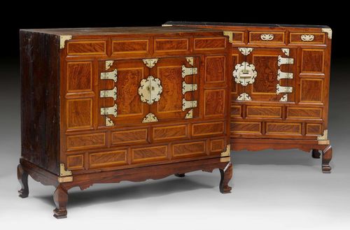 A PAIR OF MARQUETRY CABINETS OF VARIOUS SOFT WOODS WITH METAL FITTINGS, ON BASES. Korea, 19th c., 100x48x84 cm. Fittings somewhat incomplete. (2)