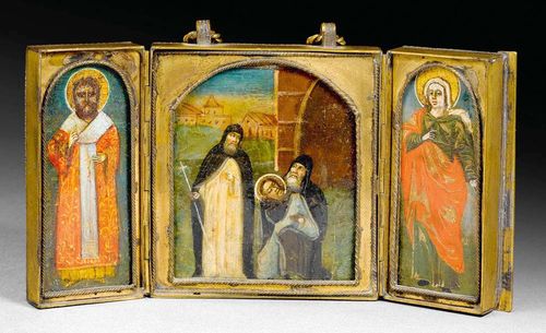 TRIPTYCH,Russia, end of the 19th century Bronze with cloisonné enamel and oil on copper. The front and back with blue and white enamel inclusions in the form of tendrils and frieze. The front with 2 wings, opening to reveal the main image of 2 religious brothers one beheaded. The wings with a male and female saint. 9.5(16.5)x8 cm.
