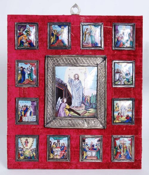 SERIES OF ICONS,Russia , probably Rostov, 18/19th century Polychrome enamel painting. Comprising 12 small icons arranged by size, depicting the Resurrection, stages in the Life of Christ and cycle of the 12 festivals of the Orthodox Church. 24x20 and 9x7.5 cm. All icons in a silver plated metal frame and mounted on a plaque covered with red velvet. Some have cracks and are repaired.