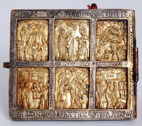 AMULET COVER,Russia , 19th century Relief decorated and gilded brass. With 6 reserves with images from the life of Christ. 11x10 cm.