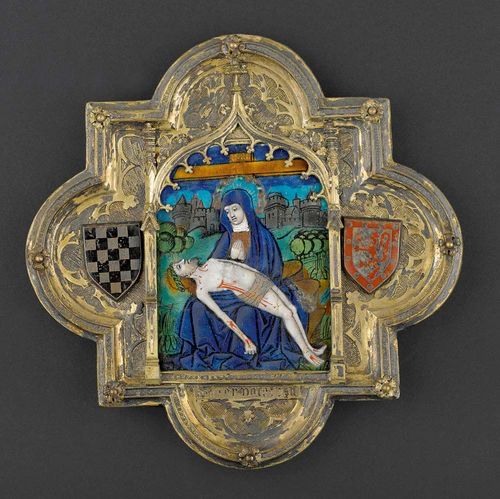 PIETA in  a silver mount,Limoges, early 16th century. Circle of Nardon Penicault. Polychrome enamel painting. 9x6.5 cm. Set in a Gothic 15th century gilt and engraved silver frame. With 2 applied enamel coats of arms, one with black and silver chess board pattern, the other with a crowned rampant red lion on a grey ground. 16.5x16.5 cm. The enamel plaque with minor losses