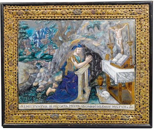 MARY MAGDALEN AT PRAYER,Limoges, end of the 16th century, circle of Pierre Courteys. Polychrome enamel painting with fine drawing in gold. Inscribed below REMITTUNTUR EI PECCATA MULTA QUONIAM DILEXCIT MULTUM. IHS. 16,5x21 cm. Restored. Mounted in a later wooden frame with openwork bronze straps. 21.5x26 cm.