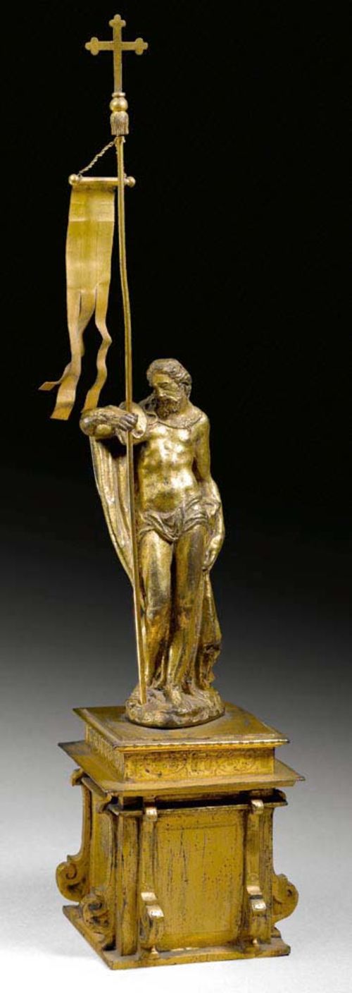 CHRIST AS REDEEMER,Renaissance, Italy, late 16th century. Gilt bronze. With a later staff. Set on a stepped plinth, Spain, 16th century. Total height 32 cm, statuette 12.5 cm.