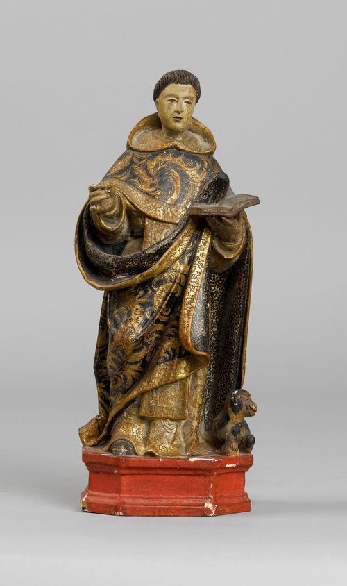 SAINT DOMINIC, Baroque, Spain, beginning of the 17th century. Wood, carved all-around and painted "al estofado". The saint is wearing an opulently ornamented gown, holding an open book, with a dog at his feet. On an octagonal plinth. H 31 cm. Some losses, the hand repaired.