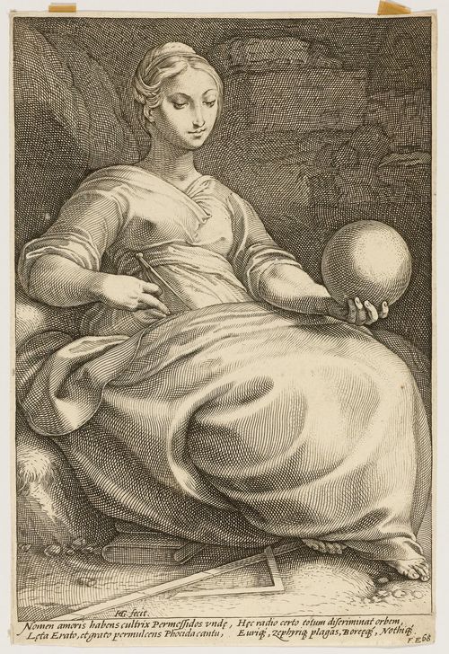 GOLTZIUS, HENDRIK (Mulbrecht 1558 - 1616 Haarlem).The Muse Erato, 1592. From the series: The Nine Muses. Engraving, 23.4 x 16.4 cm. Bartsch 152; Hollstein 154; Strauss 305 IV (of V). - Attractive, clear and even print with small margins around the image. In good condition.