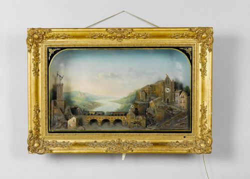 PAINTING WITH CLOCK WITH AUTOMATON,probably France or Suisse romande, end of the 19th century. Sheet metal, cardboard and other materials, painted. Depiction of a railway bridge over a river in a wide landscape. At the one end of the bridge: a sculptured city. Small movement with replaced, modern music box. Automated movement for the mill, the signalling and the train crossing the bridge. Gilt frame and later illumination. 70x104 cm. Requires restoration and revision.