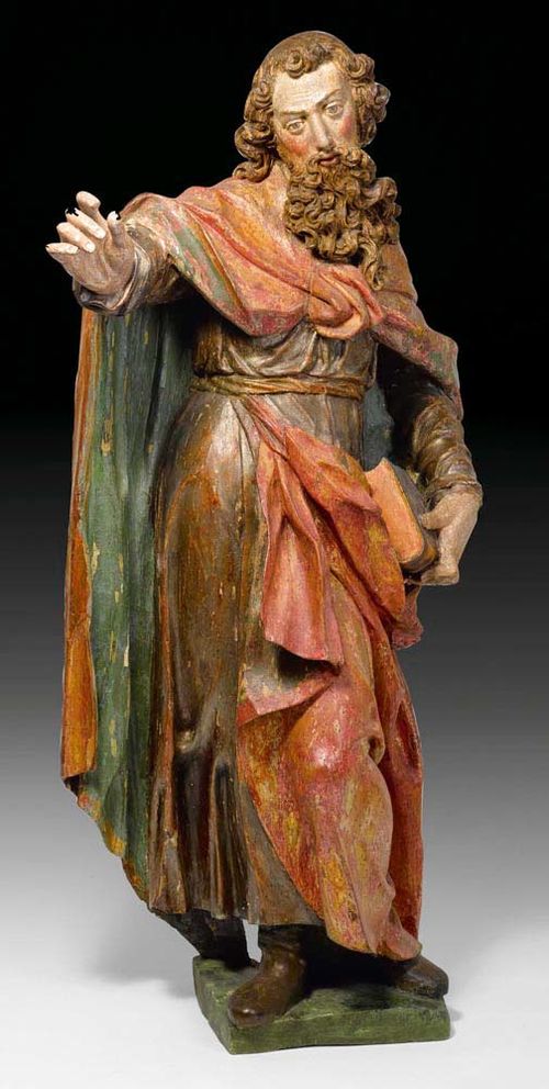 SAINT PAUL,Baroque, Alpine area, Central Switzerland, circa 1680/1700. Carved wood with hollow back, also painted. H 98 cm. The right hand of a later date. The painting incomplete