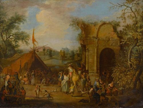 Circle of FERG, FRANZ DE PAULA (Vienna 1689 - 1740 London) Travellers resting and traders in a landscape with ruins. Oil on copper. Monogrammed lower right: FP. 21 x 28 cm. Provenance: Swiss private collection.