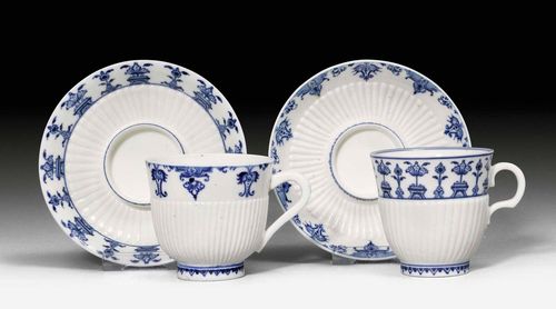 TWO CUPS AND SAUCERS, 'TREMBLEUSES', France, St. Cloud, ca. 1720. Pâte tendre. Each cup with a different decoration in blue. 1 cup and saucer marked S.C T in blue. (4) Provenance: - from the Dr. Meyer-Werthemann Collection, Zurich.