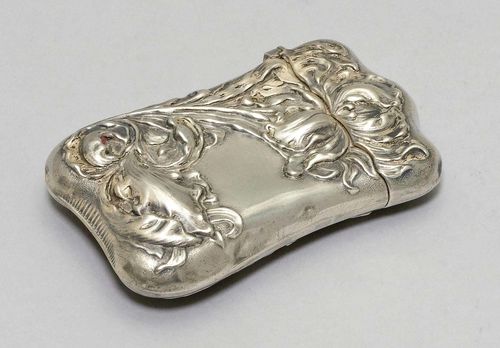 MATCHBOX, marked. Decorated with sculptured flowers. 7 x 3.5 x 1 cm, 28 g.