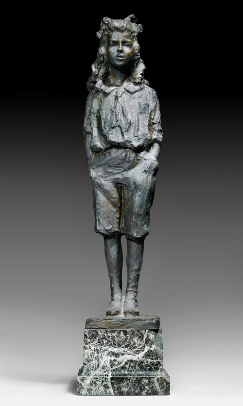 VANDERBILT WHITNEY, GERTRUDE (1875 New York 1942) Portrait of Barbara Whitney. 1913. Bronze, with brown patina, marble base. Inscribed and with the foundry stamp on the base: Gertrude V. Whitney, Valsuani. Height 52 cm (without base). Provenance: Private collection, Germany.