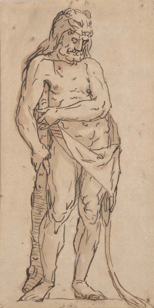 CAMBIASO, LUCA (Moneglia 1527 - 1585 San Lorenzo), attributed Hercules with lion's skin and cudgel. Brown pen, brown wash. 40.5 x 21 cm. Framed.