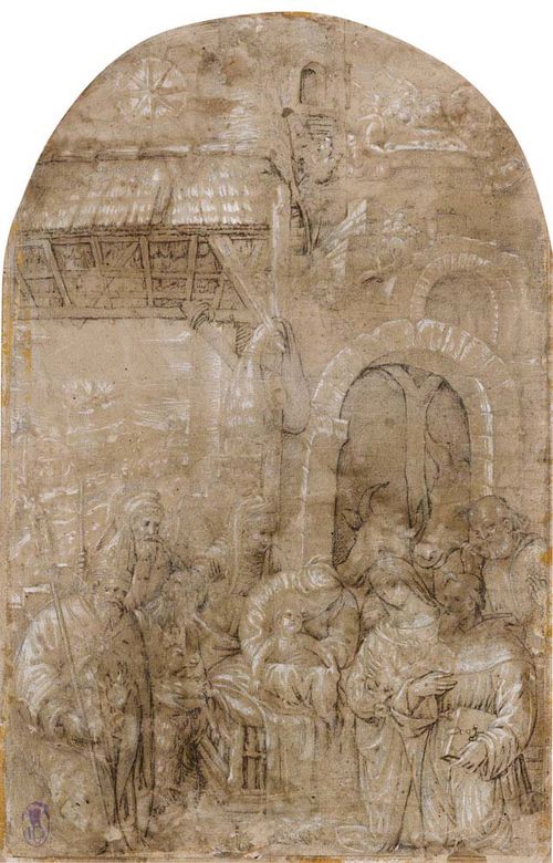 BOLOGNESE SCHOOL, 16TH CENTURY The birth of Christ with adoration of the shepherds and saints. Pen in brown, heightened in white. Old inscription in pencil verso: Guilio Romano. Old numbering in pen 52. 38.5 x 25 cm (top rounded). Provenance: - collection of Achille de Clementi, Florence 19th century., Lugt 521 a