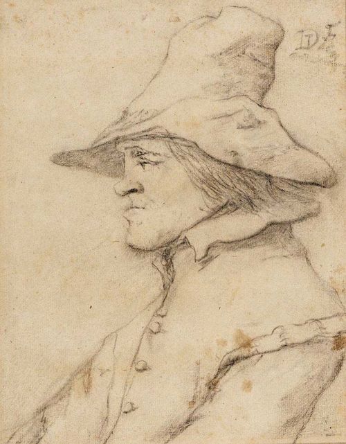TENIERS, DAVID II (Antwerp 1610 - 1690 Brussels), attributed Head and shoulders of a young man with large hat depicted in profile facing left, circa 1650. Black chalk. Monogrammed upper right.: DT F. 18.6 x 14.5 cm. Provenance: - collection of  W. Pitcairn Knowles (1820-1894), Rotterdam /Wiesbaden, Lugt 2643 - collection of  Rud. Ph. Goldschmidt (circa 1840-1914), Berlin, Lugt 2926 - Goldschmidt-Auktion bei F.A.C.Prestel, Frankfurt a.M. 4./11. Oct. 1917, lot 560 with ill. According to catalogue entry from the collections Lantsheer, Mayor, Knowles and Hamel. - Paul Cassirer, dealer, Berlin - collection of  Paul von Schwabach (1867-1938), Berlin - from then in a family collection