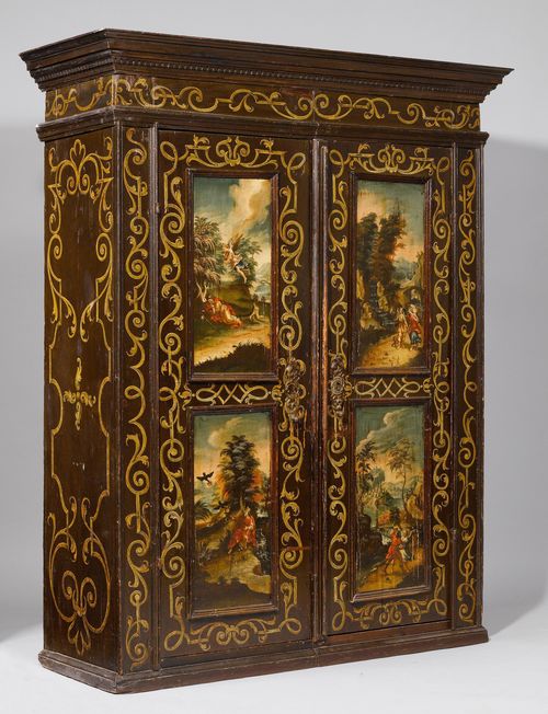PAINTED CUPBOARD,Germany or Austria, 18th century. Wood, painted with rocailles and bands on a dark ground. The 4 door panels finely painted with Biblical scenes. Rectangular body, later top. Front with double-doors. 165x60x201 cm. 1 key. Minor losses.