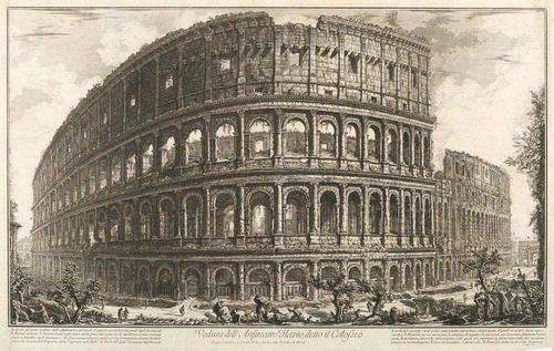 PIRANESI, GIOVANNI BATISTA (Mogilano 1720 - 1778 Rome).Veduta dell' Anfiteatro Flavio, detto il Colosseo, 1757. From: Vedute di Roma. Etching, 40.5 x 68.5 cm. Hind 57 II ( of IV), Focillon 758, Wilton-Ely 191. - Pleasing, deep black impression. With Roman address. The margins somewhat cut, minor foxing in parts.