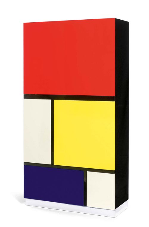 KONI OCHSNER (1933 - 1995), CABINET, model "Mondrian 2", designed in 1975/1976 for Röthlisberger. Polychrome lacquered wood and polished chrome. Series No. 275. 82x36x162 cm. Traces of wear.