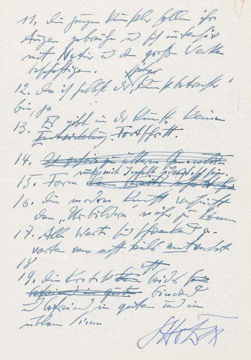 ART. - Dix, Otto, Painter and graphic artist, 1891-1969. Autograph MS. in pen with sig.,n.d.,n.p. 2pp on one sheet, qto.(29.5 x 20.8 cm.). Contains informative personal observations in 19 aphoristic sentences. Sig. in different ink, and 1 corr. in ballpoint, probably somewhat later. Prev. folded.