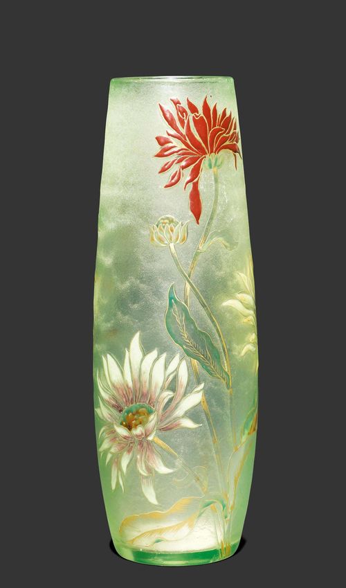EMILE GALLE VASE, circa 1900 Light green glass with etching and enamelling. Chrysanthemum motif. Signed Gallé. H. 34 cm.
