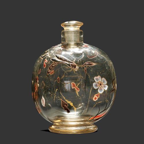 EMILE GALLE SMALL BOTTLE, circa 1880 Enamelled beige glass with trailing flowers and insect. Signed E. Gallé Nancy. H. 10.5 cm.