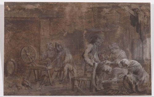 BLARENBERGHE, LOUIS NICLAS VAN (Lille 1716 - 1794 Fontainebleau) In the servants' quarters, 1763. Brown pen, chalk, heightened in white. Signed and dated lower left: Louis Niclas van Blarenberghe, 1763. 22.5 x 34.8 cm. Provenance: - collection of Paul von Schwabach (1867-1938), Berlin - from then on in a family collection