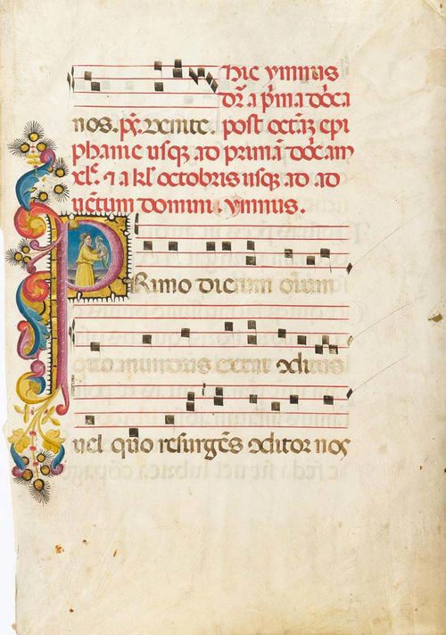 MASTER FROM FERRARA Sheet from a Psalter with initial P (rimum dierum ... ) and David in atonement. Ferrara, ca. 1465, vellum. 51.7 x 34.5 cm. Initial ca. 7 x 6.5 cm. Provenance: Private collection Lugano, until 2003 Private collection, Switzerland