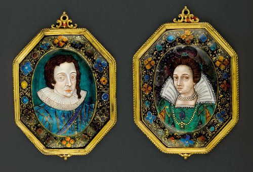 TWO PORTRAITS OF A NOBLE COUPLE,Renaissance, attributed to L. LIMOSIN (Leonard Limosin, 1505-1577), Limoges circa 1615. Polychrome enamel painting with gold. 10.5x7.3 cm. With a gilt brass frame, probably original. The portrait of the lady with a partly matte flaked varnish. Provenance: - Galerie Jurg Stuker in May 1977 (Catalog No. 4291 and 4292). - Swiss private collection.