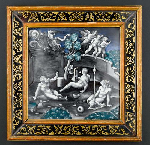 THE EXPULSION FROM PARADISE, probably by L. LIMOSIN (Leonard Limosin, 1505-1577), Limoges, Mid 16th century. Enamel painting "en grisaille" with green and blue with a little gold. Translucent "contre-email". 18x18 cm. With a later frame with enamel applications.