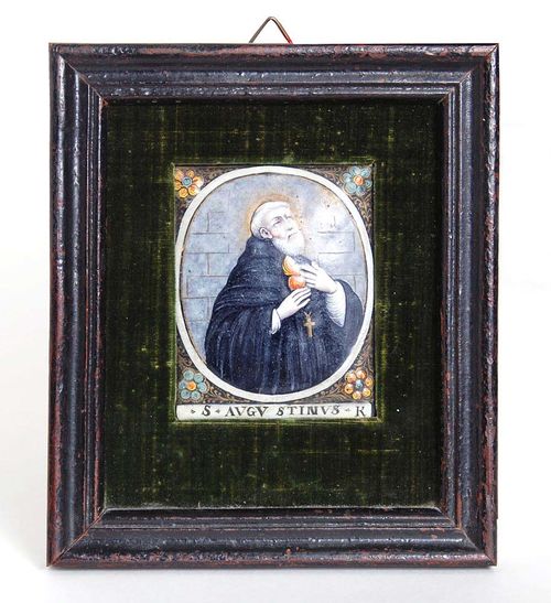 SAINT AUGUSTINE, signed verso LAUDIN EMAILLEUR A LIMOGE (probably Jacques II Laudin, 1663-1729), Limoges circa 1700. Polychrome enamel painting. Inscribed below "S. Augustinus K". 8.5x6.5 cm. Set in a shaped wooden frame.