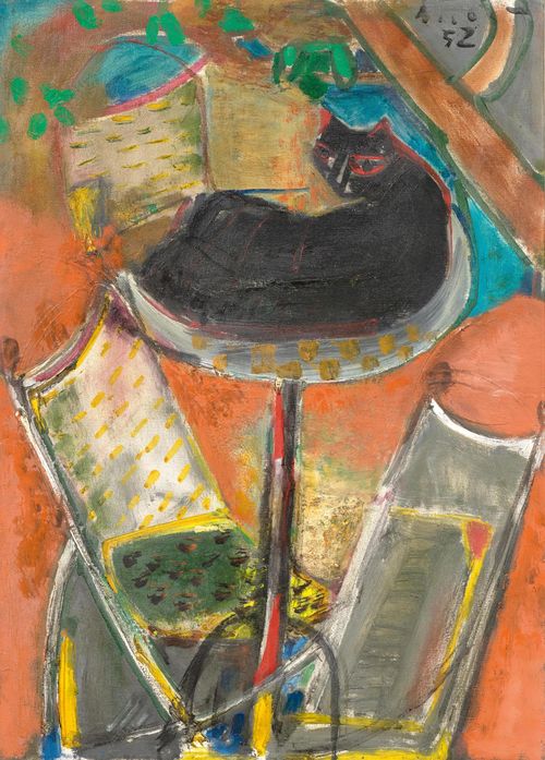 HERBST, ADOLF (Emmen 1909 - 1983 Zurich) Still life with black cat. 1952. Oil on canvas. Signed and dated upper right: herbst 52. 56 x 47 cm.
