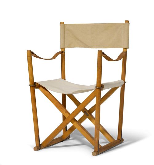 MOGENS KOCH (1898 - 1992) PAIR OF FOLDING CHAIRS, Model "MK16", designed in 1932, produced from 1960 by Interna, Rud. Rasmussens Snedkerier Aps. Beech, leather and beige sail cloth. An early model circa  1960. The brass plaque inscribed: Made in Denmark Interna Professor Mogens Koch. On seat replaced, one with repairs. Some wear. One backrest missing.