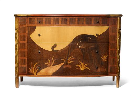 ITALIAN CHEST OF DRAWERS, circa 1970/80 Rosewood, inlaid with other woods, with depiction of  a panther in a landscape, also partly gold painted. 140x59x94 cm.
