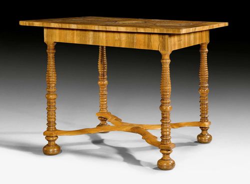 CENTER TABLE, Baroque, German, 18th century. Walnut, cherry and local fruitwoods in veneer, inlaid with figure, strap work and decorative frieze. Some supplements. 100x81x77 cm.