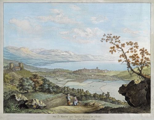 GENEVA.-Vue de Genéve pris depuis Saconex en Savoie. Fait par Carl Hackert. 1782. Etching with original colouring. 34.5 x 46 cm. De Loës No. 216. Gold frame. - Fresh colour, very good condition.