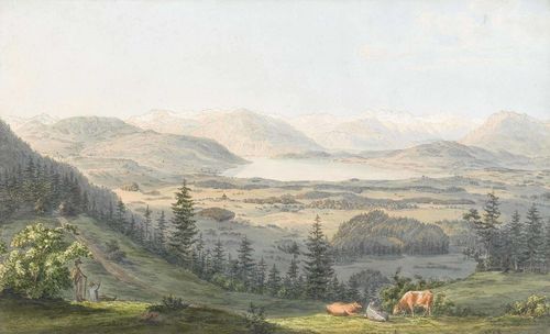 KELLER, HEINRICH (1778 Zurich 1862).Lake Zug from the Albis. Etching with original colour. 24.5 x 40 cm (image). Gold frame.