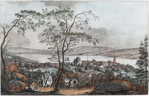 THALWIL.-Johann Jakob Aschmann (1747-1809). Prospect von Thallweil am Zürichsee n.d. Natur. J.Aschman fec. No. 8. Outline etching with brown wash. 18.5 x 29.5 cm. Framed. – Fine etching with broad margin in good condition. With minor scattered foxing.