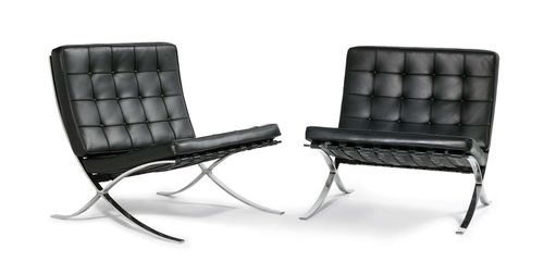LUDWIG MIES VAN DER ROHE (1886 - 1969) A PAIR OF BARCELONA CHAIRS, model "MR 90", designed in 1929 for Berliner Metallgewerbe Josef Müller and Knoll, from 1948 Chromed steel and black leather. This example manufactured c. 1980.