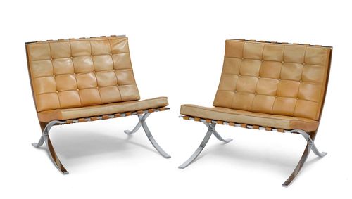 LUDWIG MIES VAN DER ROHE (1886 - 1969) A PAIR OF BARCELONA CHAIRS, model "MR 90", designed in 1929 for Berliner Metallgewerbe Josef Müller and Knoll, from 1948 Chromed steel and brown leather. This example manufactured c. 1970. Traces of wear, damaged foam core.