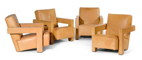 GERRIT RIETVELD (1888 - 1964) SET OF 4 ARMCHAIRS, model "Utrecht", designed in 1935, new edition by Cassina. Caramel-colour leather. Stains.