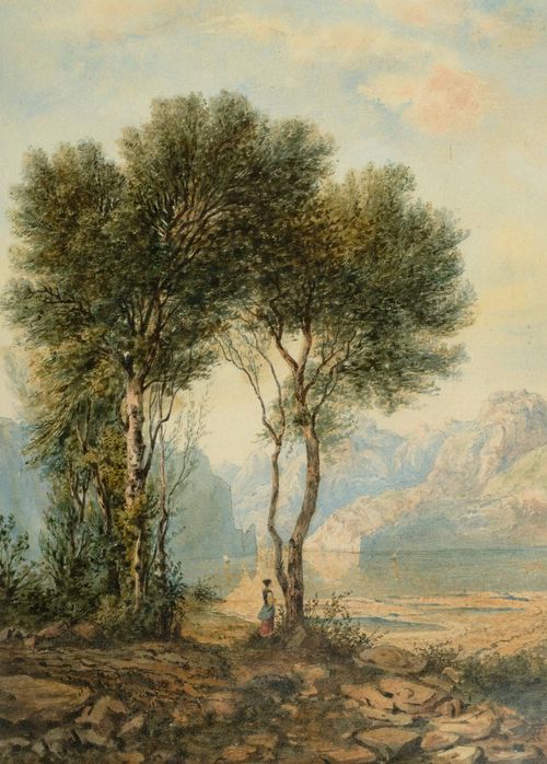 Attributed to CALAME, ALEXANDRE (Vevey 1810 - 1864 Menton) Young woman before a broad lake landscape. Watercolour on paper. Monogrammed lower right: AC. 27.2 x 19.8 cm.