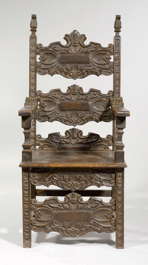 PAIR OF CARVED ARMCHAIRS, in the Renaissance style, probably from Italy. Hardwood, carved with flowers, leaves, shells and decorative frieze. Rectangular seat. Pierced backrest.