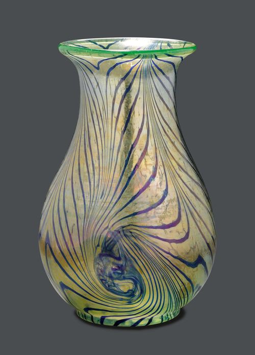 Attributed to KRALIK VASE, circa 1900 Colourless glass, iridescent-blue and grey. Pear-shaped. H 19 cm.