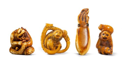 A LOT OF FOUR IVORY AND BONE NETSUKE. Japan, 19th and 20th c. Height 3.3-6.1 cm. Some with minor chips. (4)