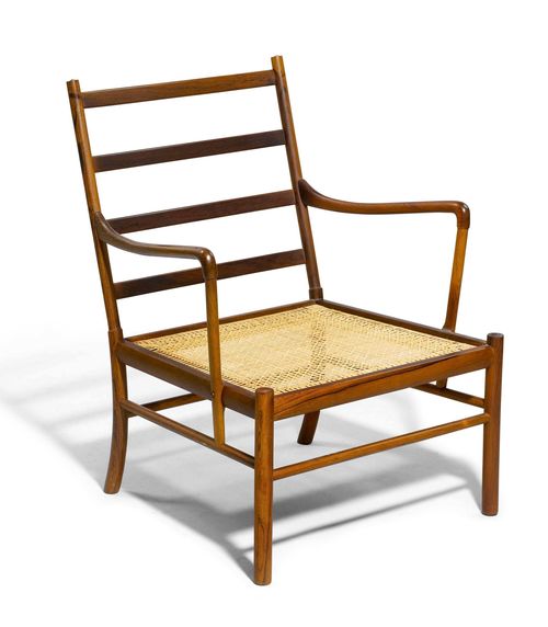 OLE WANSCHER (1903 - 1985) ARMCHAIR, "PJ 149" (Colonial) model, designed in 1949 for P. Jeppesen Tulipwood, caned seat. No cushion. 2 manufacturer's plaques.