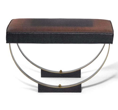 ITALIAN STOOL, circa 1950 Black painted wood, brass, and black fabric cover.