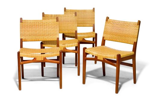 HANS J. WEGNER (1914 - 2007) SERIES OF 4 CHAIRS, designed circa 1960/70 for Carl Hansen & Søn Teak with caned seat. With manufacturer's label. Caning, slightly torn.